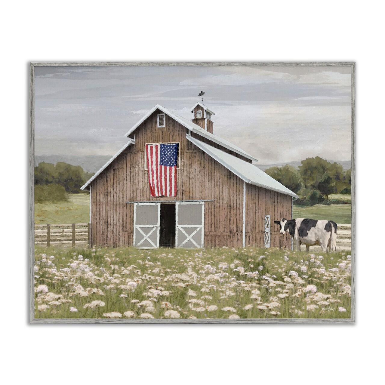 Stupell Industries Patriotic Barn & Cow Framed Giclee Wall Art Design by Amber Sterling